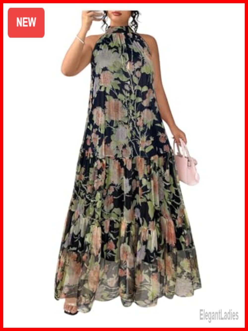 Plus Size Halter Maxi Dress Ruffle Hem Sleeveless Wedding Guest Cocktail